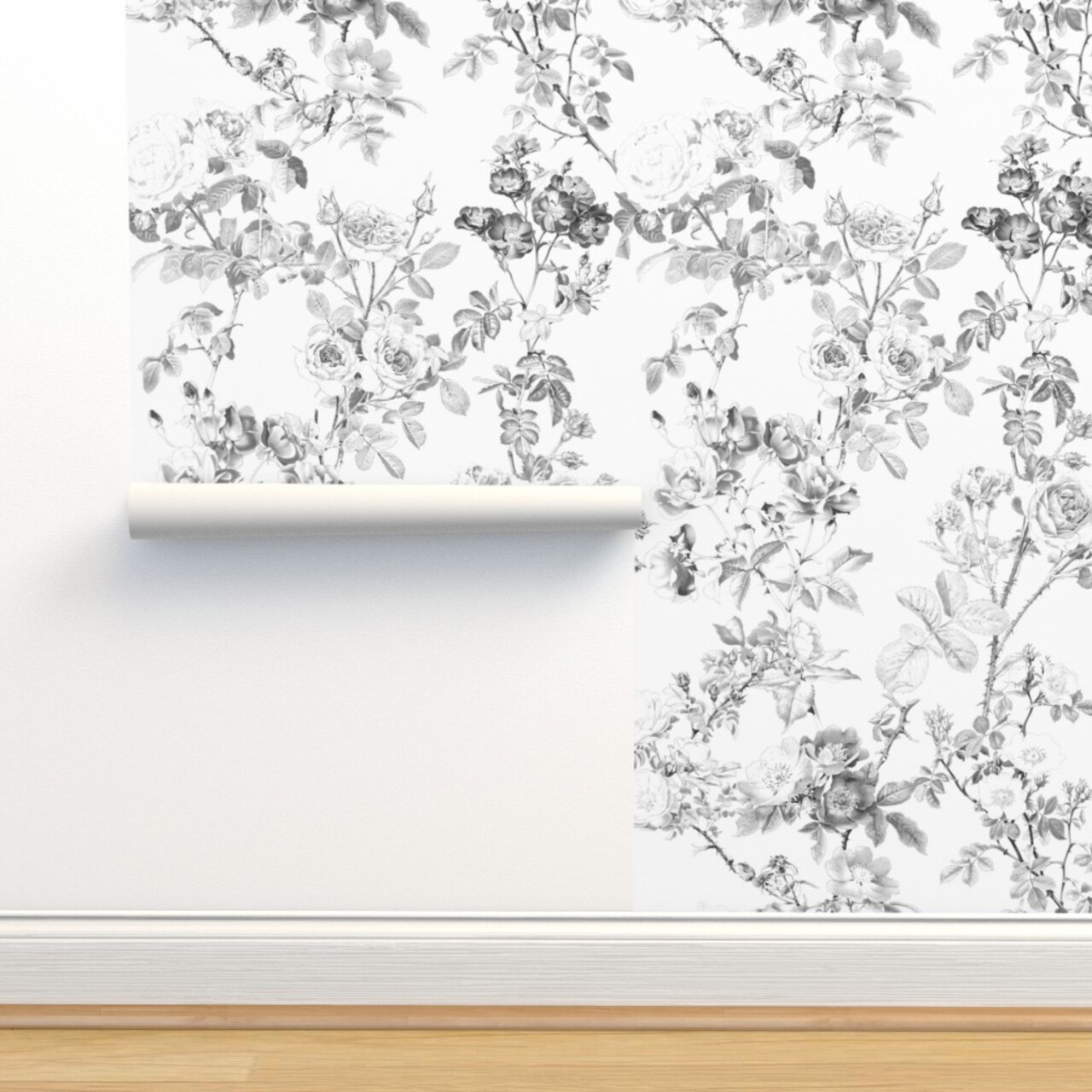 Floral Toile Cottage Garden Watercolor Chintz Black And White Cottagecore Romantic Custom Removable Wallpaper by Spoonflower Peel & Stick Wallpaper 2FT Wide